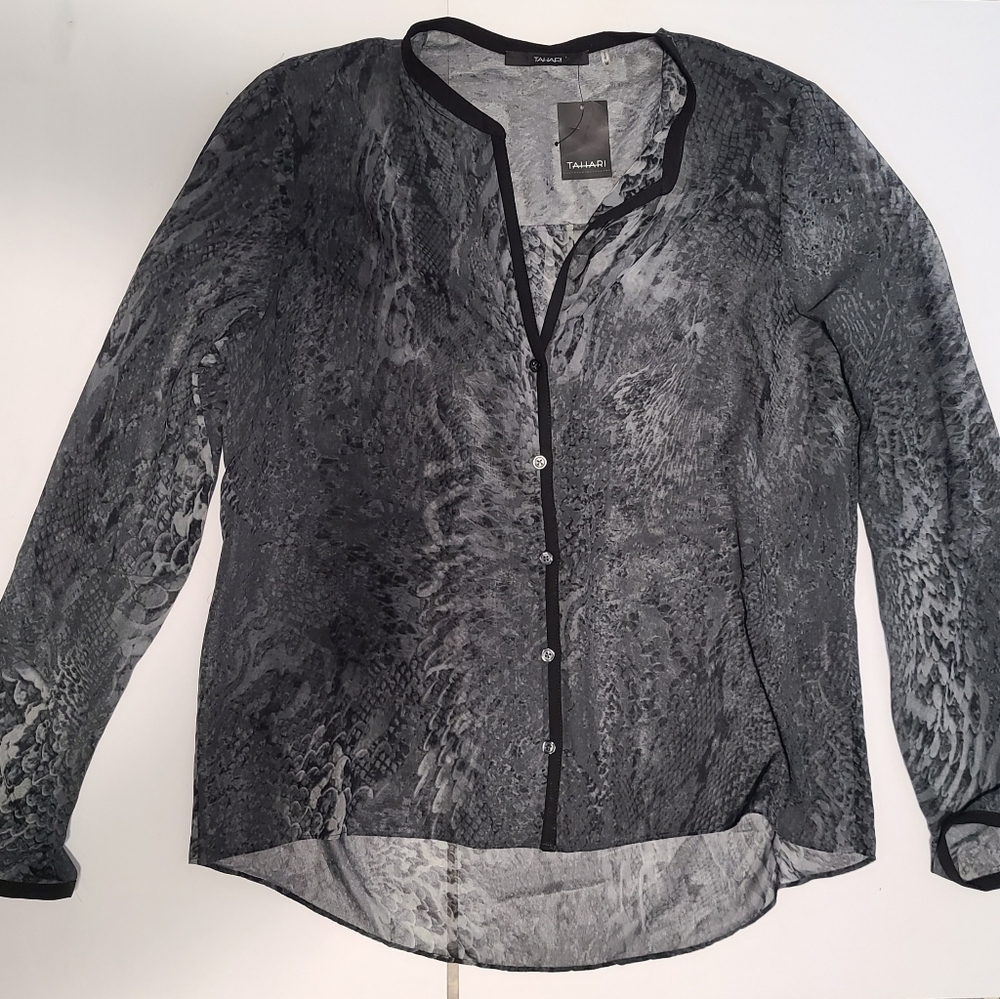 Tahari Long Sheer Blouse Snakeskin Black Gray Print Button Down Top